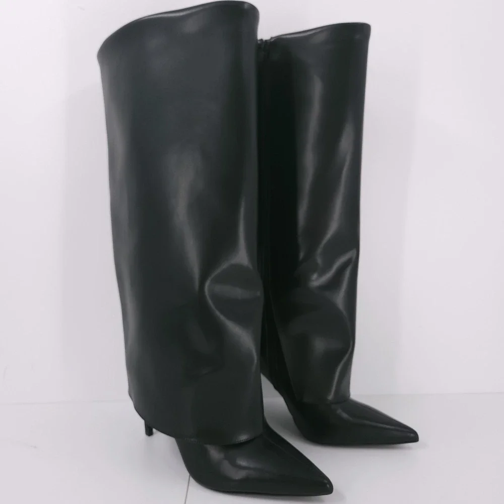 I.N.C Skylar Fold Over Cuffed Knee High Boots Black Micro Womens 11 M WC